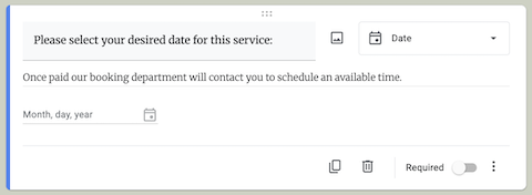 Example of a date collection question on Google Forms.